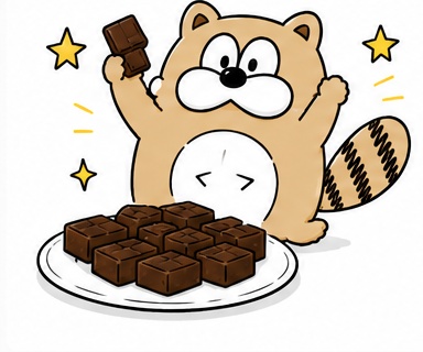 完成したチョコレートを持って喜ぶタヌキ