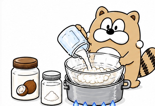 タヌキが湯煎したボールに材料を入れている様子