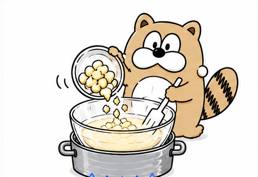 タヌキがカカオバターを加えている様子