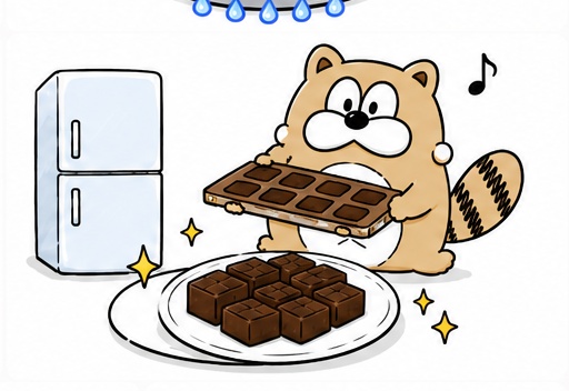 タヌキがチョコレートの型を冷蔵庫へ運ぶ様子